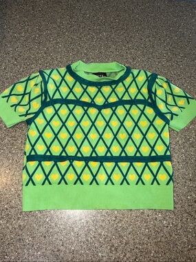 Cider Lime Green Knit Short Sleeve Sweater with Yellow Heart Pattern
